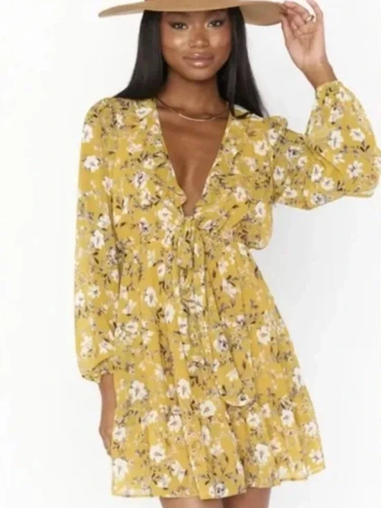 Show Me You MuMu Mustard Floral Dress Addy Yellow Long Sleeve Mini Ruffles Bow S - Picture 2 of 9